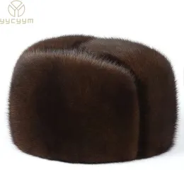 2024 Winter Unisex Top Real Mink 모피 폭격기 모자 수컷 진짜 Marten Head 따뜻한 검은 색/갈색 모자 부모 고르 라스 최고의 선물