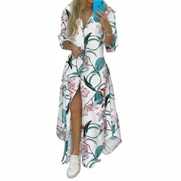 vestido largo de talla grande para mujer, prenda blanca de manga larga c cuello en V, elegante, informale, c estampado Floral, Estilo Vintage, para F9lB#