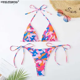 Women's Swimwear SWELTERING Womens Sexy Lace Up Bikini Printed Swimsuit Two Piece Set Party Club Beach Push Bikinis yq240330