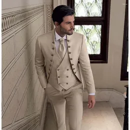 Abiti da uomo di fascia alta Beige per uomo elegante colletto alla coreana doppio petto abito maschile slim causale formale sposo smoking da sposa 3 pezzi