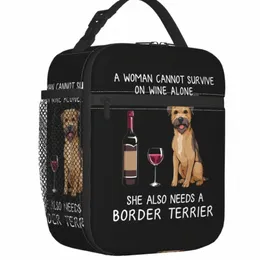 Border Terrier and Wine Funny Dog Izolowany termiczny torba na lunch Pet Puppy Lover Portable Lunch Tote for School Suppand Food Box M8HV#