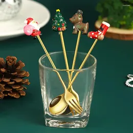 Colheres de chá colher de aço inoxidável alto nível aparência ins vento café mexendo garfo frutas criativo ouro presente natal
