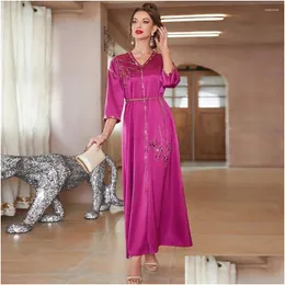 Etniska kläder Caftan Elegant Satin Marockan Abaya Dubai Evening Dresses For Women Turkiet Islamisk muslimsk klänning Robe Femme Vestido Dro Otsop