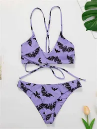 Women's Swimwear Sexy mini bikini 2023 flawless womens purple bat print Laec Up bandage tight swimsuit womens bathrobe thong swimsuit beach suit J240330