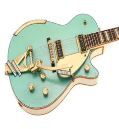 Özel Mağaza Masterbuilt 1955 Duo Jet Surf Green Sparkle Elektro Gitar Beyaz Arka Taraflar Headstock Gold Sparkle Bağlayıcı Bigs Tai6764303