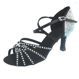 Dansskor Elisha Anpassningsbar häl Kvinnor Black Satin Salsa Latin Ballroom Open Toe Party With Rhinestones