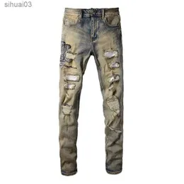 Jeans masculinos Mens Snake bordados jeans jeans com retro Blue Snake Skin Leather Patchs Elastic Pantsl2403