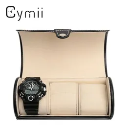 Black 3 Slot Cylindrical Watch Travel Case Leather Roll Jewelry Watch Storage Holder Watchbox Case Collector Organizer 19x9cm209P