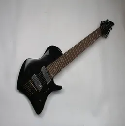 Schwarze E-Gitarre mit ungewöhnlicher Form, 8 Saiten, Mahagonihals, Palisandergriffbretter, abgeschrägte Bünde, schwarze Hardware, 24 Bünde6807405