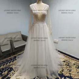 Deep V Neck Wedding Dresses Beach Lantern Long Sleeves Lace