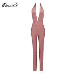 Set Ciemiili Deep V Neck Fashion Celebrity Bandage Solid Rompers 2022 Ladies New Fashion Full Length Skinny Summer Backless Jumpsuit