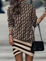 Casual Fashion Womens High Collar Long Sleeved Short Dress Irregular Printing Mini Autumn Winter Robe Femme 240321