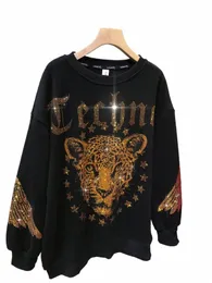 Leopard Rhinestes L-4XL Plus Size Blue Luxury Brand Sweatshirt For Women Men Spring Autumn Large Size Ladies Sweatshirts A8OJ#