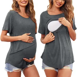 New Maternity Clothes Womens Short Sleeve Crew Neck Solid Color Asymmetrical Flap Nursed Tops Casual T Shirt For Breastfeeding