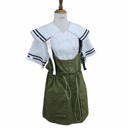 Японская школьная форма Юбка на подтяжках Студенческий костюм военно-морского флота Симпатичные женские костюмы JK Матросская блузка Плиссированная юбка Комплект s45q #
