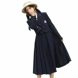 Skoluniform för kvinnor fast färg LG Sleeve JK Suit Coats New Tie Shirt Sling Pleated Kirt College Style Formell kläder 17LY#