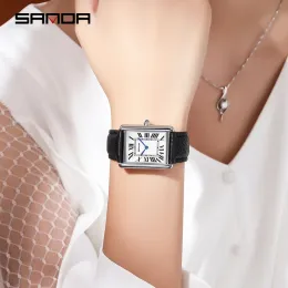 2023 Relógios de pulso retangular da sanda para mulheres relógios de prata de luxo banda de couro quartzo clock zegarek damski 1108
