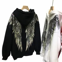 Plus size xl-4xl luksusowe diamd Stam Wings Women Hoodies American Street Cool Trendy Hooty Cardigan Autumn Winter Pleats B0JB#