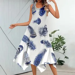 Freizeitkleider Damen Sommer Bedrucktes ärmelloses Kleid Taschentuchsaum Maxi-Tanktop mit Taschen Strand Baumwolle für Frauen