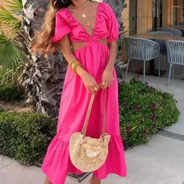 Party Dresses AYUALIN Hollow Out Waist Ruffles Loose Boho Beach Wear Backless Vestidos Sexx Puff Sleeve Deep V Summer Dress For Women