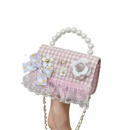 Pearl Handle Children's Small Handbags Sweet Fr Bow Girls Shoulder Bags Lovely Princ Lace Crossbody Bag Kids Accores N1HD#