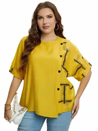 Gibsie Plus Size Casual Print Butt Frt Women T Shirt 2023 NOWOŚĆ SAM SAMY KOREAN FI PAŁEM SKRÓTY O D NECK T-shirty Tops Q2C9#