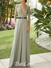 Party Dresses Jumpsuits Evening Elegant Dress Prom Floor Längd 3/4 Sleeve V Neck Stretch Chiffon med Sash / Ribbon -applikationer