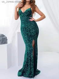 Grundläggande avslappnade klänningar glänsande GRN DP V Neck Sequin Mermaid Maxi Dress Backless Stretch Split Front Slveless Open Back Evening Night Party Gown T240330