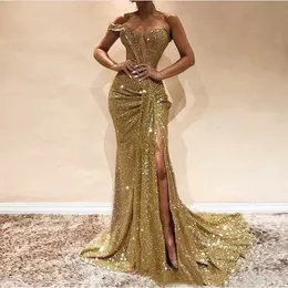 Paillettes dorate a una spalla sirena abiti da ballo 2023 splendenti pieghe sexy fece immergendo abiti da sera formali lunghi personalizzati