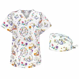 Uniformes hospitalares Mulher Scrub top Doctor Phcy Pediatria Enfermeira Beleza Sal Workwear Clínica Enfermagem camisa de manga curta 25Dd #