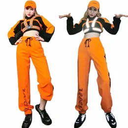 2021 Hip Hop Dance -kostymer för vuxna Orange Hiphop Suit Reflective Tape Women Gogo Dance DJ DS Costumes Rave Clothes SL4329 B6KF#