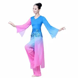 Klasyczny taniec Kobieta płynący chiński styl hanfu fan taniec parasol taniec yangko dr Performance f76w#