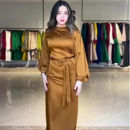 Casual Dresses Elegant Satin Imitation Silk Dress for Women Fashion Slim-Fit Lace-up Muslim Abayas Long Sleeve Spring Autumn Evening Party