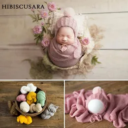 Filtar födda babypografi omslag filt wollen stickad spädbarnsskytt studio po props swaddle hatt med päls pompom