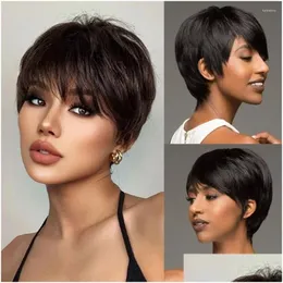 Lace Wigs Short Pixie Cut Human Hair Frontal Straight 13X4X1 Transparent Front For Black Women Preplucked Brazilian Drop Delivery Prod Otnvb