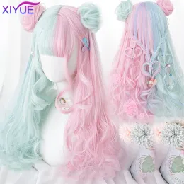 Parrucche Rosa Lolita Parrucche Ombre Onda lunga dell'acqua Parrucche sintetiche Cosplay per le donne Parrucche ondate naturali con frangia Capelli cosplay resistenti al calore