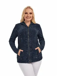 lih HUA Women's Plus Size Denim Jacket Fall Casual High Stretch Hoodie Cott Belt Pocket Knit Jacket d2nH#