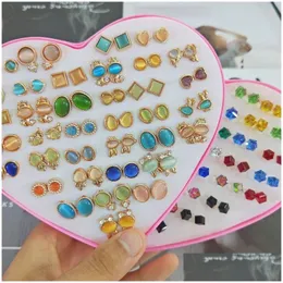 Stud 36 paia moda stili coreani carino alfabeto di cristallo catseye con cuore scatola di gioielli donne ragazze orecchini in oro sier coppia mista Dr Dh5Xw