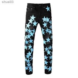 Herren Jeans Herren Sky Blue Leder Star Patches Jeans Streetwear Black Stretch Denim Leggings Löcher zerreißen Hosensl2403