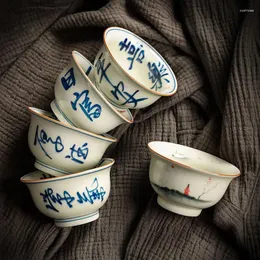 Tazze Piattini 120ML Retro Cenere Vegetale Tazza da tè in ceramica Master Tazza da tè blu e bianca premendo a mano Tazza da tè scritta a mano Regalo portatile per bicchieri