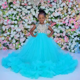 2024 Afrykańskie niebieskie małe dziewczynki sukienka urodzinowa kwiat dziewczyny sukienki Komunialne sukienki Kury Kamiąkowane koronkowe księżniczka Królowa Przyjęcie urodzinowe sukienka na uroczą dziewczynkę F120