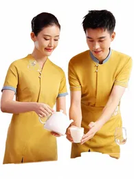 2023 Letnia chińska restauracja kelner z krótkim rękawem żółtą koszulę+APR Set Set Women Hotel Workfot Hotpot Wair odzież robocza x5a1#