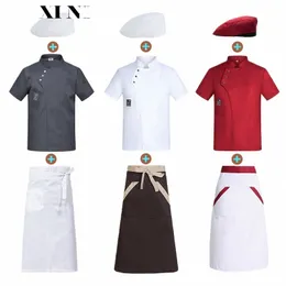 Verão chef uniforme conjunto restaurante cozinha jaqueta hotel workwear respirável homens e mulheres cozinhar roupas camisa branca chapéu de abril t8sZ #