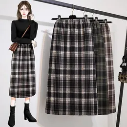 Skirts Autumn Winter Vintage Woolen Plaid Long Women Hight Waist Large Size 4XL A Line Black Green Coffee Korean Style Clothes