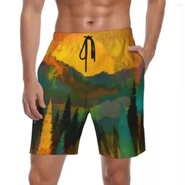Shorts masculinos árvores e montanhas verão impressão abstrata hawaii praia calças curtas homens design correndo surf troncos de natação