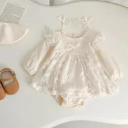 Sanlutoz Autumn Baby Girls Bodysuits Princess Cotton spets långärmad spädbarnskläder för pannband 240322