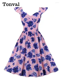 Party Dresses Tonval V-ringning ruffle hylsa hög midja vintage rosa med blommig sommarklänning kvinnor 2024 retro 50-tal veckade