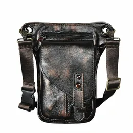 حقيبة ذات جودة حقيقية للجلد تصميم القهوة سفر سفر فاني حزام حزام حزمة الساق الفخذ حقيبة PHE حقيبة للرجال الذكور 211-6 G12T#