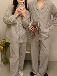 Hemkläderälskare Enkla randkoreanska lösa våren långärmad pyjama Set kvinnor avslappnade bekväma sömntoppar par ins