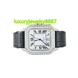 Högkvalitativ senaste design VVS Moissanite Diamond Bezel Square Dial Läderband Luxury Classic Business Quartz Watch for Men